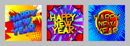 Creative happy new year holiday design card on comic book background. Vector illustration template collection.のイラスト素材