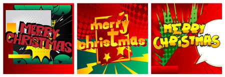 Comic book Christmas card template. Vector graphic for holiday slide, banners and web design with cartoon elements.のイラスト素材