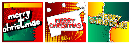 Comic book Christmas card template. Vector graphic for holiday slide, banners and web design with...