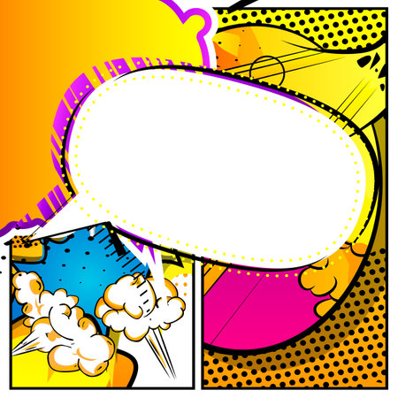 Cartoon design colored background. Comic book illustration with speech bubbles and other elements. Vector comics backdrop for poster. Social media post template.のイラスト素材