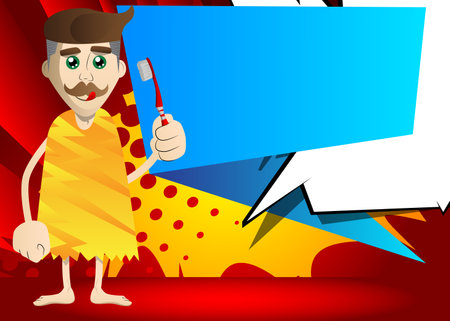 Cartoon caveman holding toothbrush. Vector illustration of a man from the stone age.のイラスト素材