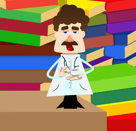 Funny cartoon doctor holding a cup of coffee. Vector illustration. Health care worker taking a break.のイラスト素材