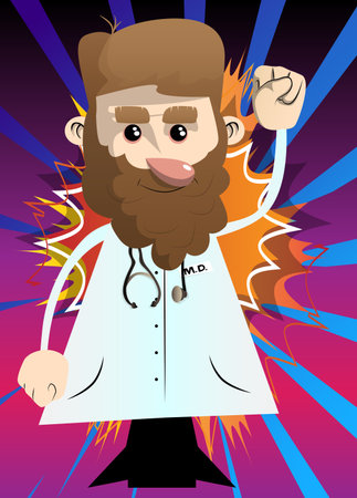 Funny cartoon doctor making power to the people fist gesture. Vector illustration.のイラスト素材