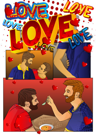 Concept comic book page depicting lgbtq love. Gay couple spending free time at home. Cartoon style vector illustration of same sex lovers.のイラスト素材