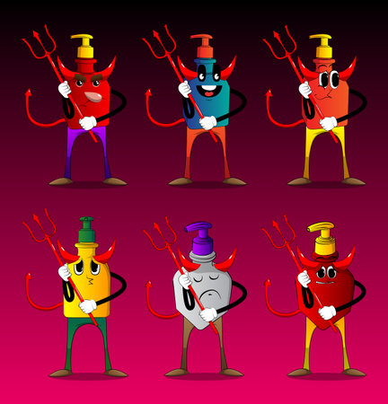 Cartoon bottle of hand sanitizer gel for hygiene with face as a devil with pitchfork.のイラスト素材