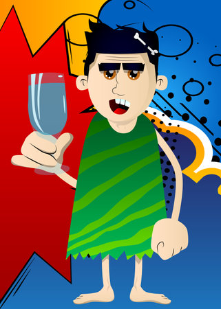 Cartoon caveman with a glass of water. Vector illustration of a man from the stone age.のイラスト素材