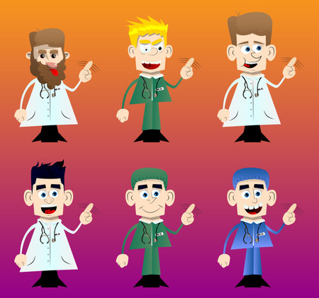 Funny cartoon doctor saying no with his finger. Vector illustration.のイラスト素材