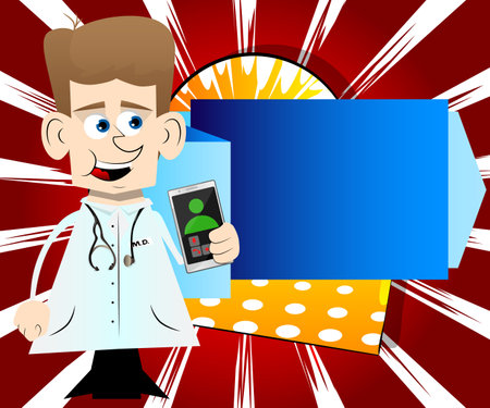 Funny cartoon doctor holding a cell phone in his hand. Vector illustration.のイラスト素材