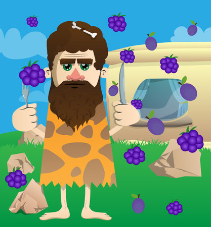 Cartoon prehistoric man holding up a knife and fork. Vector illustration of a man from the stone age.のイラスト素材