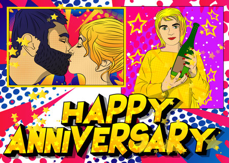 Concept comic book Anniversary gift card. Close-up of kissing young romantic couple, and woman holding champagne. Cartoon style illustration with vibrant colors.のイラスト素材