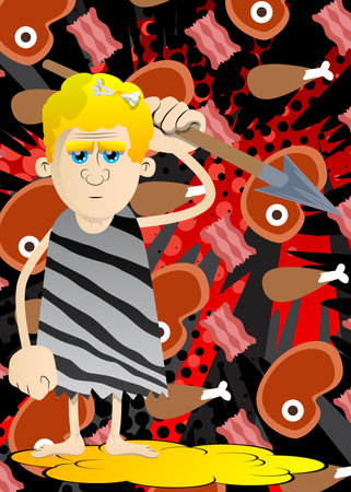 Cartoon caveman holding spear in his hand. Vector illustration of a man from the stone age.のイラスト素材