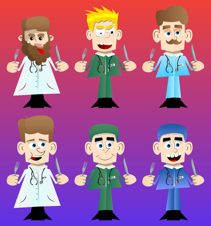 Funny cartoon doctor holding up a knife and fork. Vector illustration.のイラスト素材