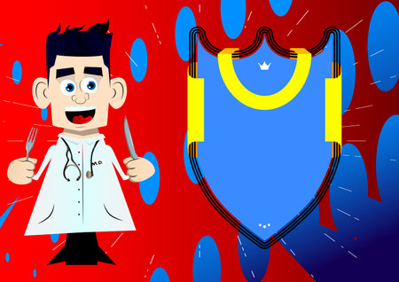 Funny cartoon doctor holding up a knife and fork. Vector illustration.のイラスト素材
