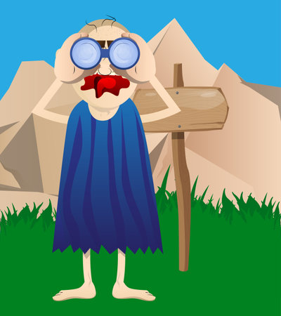 Cartoon prehistoric man looking through binoculars. Vector illustration of a man from the stone age.のイラスト素材
