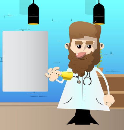 Funny cartoon doctor drinking coffee. Vector illustration.のイラスト素材