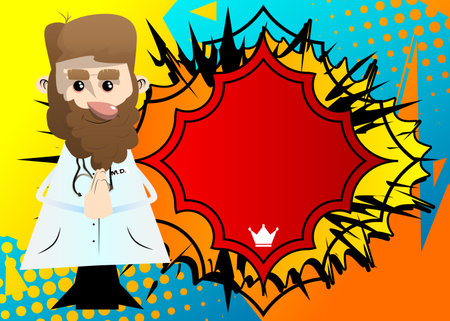 Funny cartoon doctor with praying hands. Health care worker obsecrating to god. Vector illustration.のイラスト素材