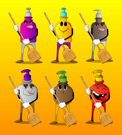Cartoon bottle of hand sanitizer gel for hygiene with face holding a broom.のイラスト素材