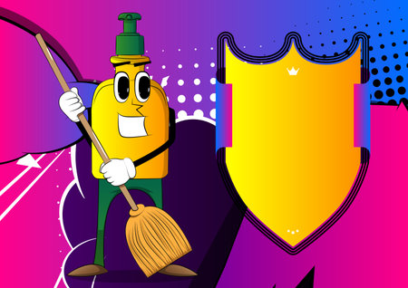 Cartoon bottle of hand sanitizer gel for hygiene with face holding a broom.のイラスト素材