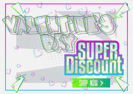 Comic book Valentine's Day sale poster template. Comic effects in pop art style. Vector illustration. Love themed fashion sale social media post design.のイラスト素材