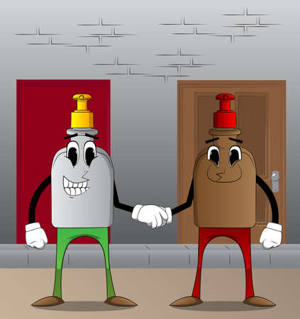 Cartoon bottles of hand sanitizer gel for hygiene with face making handshake.のイラスト素材