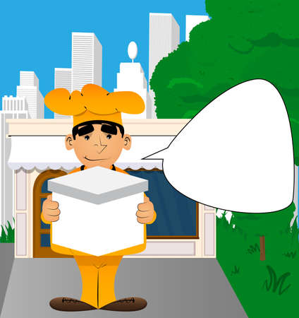Fat male cartoon chef in uniform holding big white box. Vector illustration.のイラスト素材