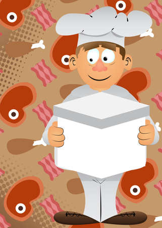 Fat male cartoon chef in uniform holding big white box. Vector illustration.のイラスト素材
