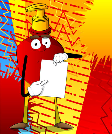 Cartoon bottle of hand sanitizer gel for hygiene with face holding white paper and pointing at it.のイラスト素材