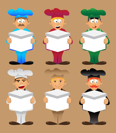Fat male cartoon chef in uniform holding big white box. Vector illustration.のイラスト素材
