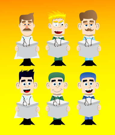 Funny cartoon doctor holding white box. Vector illustration. Health care worker with delivery.のイラスト素材