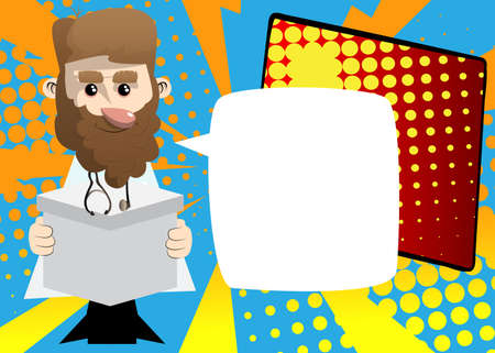 Funny cartoon doctor holding white box. Vector illustration. Health care worker with delivery.のイラスト素材