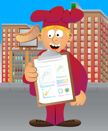 Fat male cartoon chef in uniform shows finance report. Vector illustration. Cook showing diagrams, charts.のイラスト素材