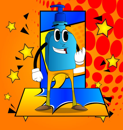 Cartoon bottle of hand sanitizer gel for hygiene with face inviting to come there, hand sign.のイラスト素材
