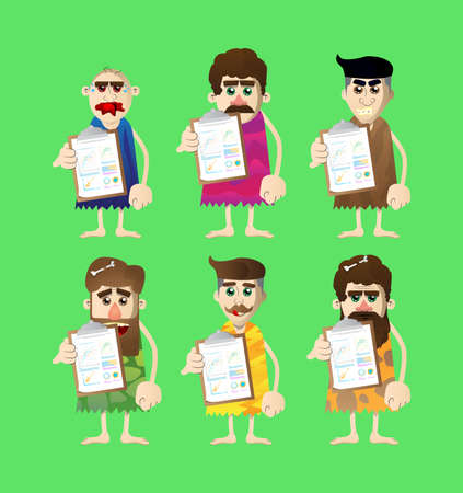 Cartoon prehistoric man shows finance report. Vector illustration of a man from the stone age.のイラスト素材