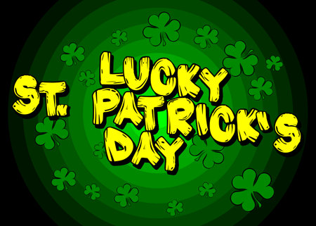 St. Patrick's Day comic book greeting card. Retro Cartoon Popup Style Expressions. Colored Comic Bubbles and Clovers.のイラスト素材