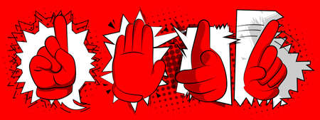 Red cartoon hand in gloves making signs. Vector illustration on a red background. Cute versions of negative finger symbols.のイラスト素材