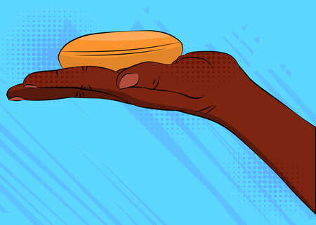 Black African person holding soap. Comic book style illustration with colorful background. Washing hands with soap, disinfection. Hygiene concept.のイラスト素材