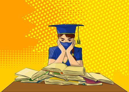 Female student preparing for exams with a lot of books, wearing graduation cap and mask. College University or High School Graduation. Comic book style vector illustration.のイラスト素材