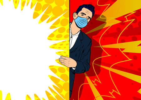Handsome young businessman wearing face mask behind big empty banner with copy space. Comic book style cartoon vector illustration.のイラスト素材
