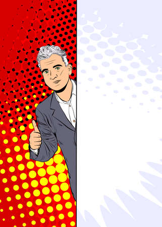 Handsome old businessman making thumbs up sign behind big white empty banner with copy space. Comic book style vector illustration.のイラスト素材