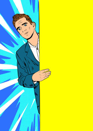 Handsome young businessman behind big yellow empty banner with copy space. Comic book style vector illustration.のイラスト素材