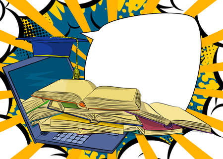 Digital Online Education Concept with Laptop and Books. Learning online for social distancing. Mobile knowledge. Comic Book Style Vector Illustration.のイラスト素材