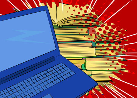 Digital Online Education Concept with Laptop and Books. Learning online for social distancing. Mobile knowledge. Comic Book Style Vector Illustration.のイラスト素材