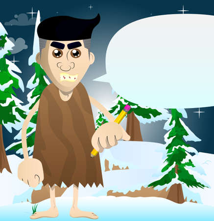 Cartoon prehistoric man writing with pencil. Vector illustration of a man from the stone age.のイラスト素材