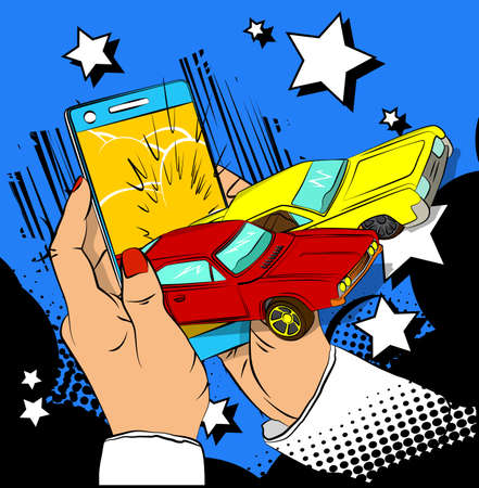 Auto rental, online sale, purchase, carsharing concept. Comic book style vector cartoon illustration. Car realtor advertising on the internet.のイラスト素材