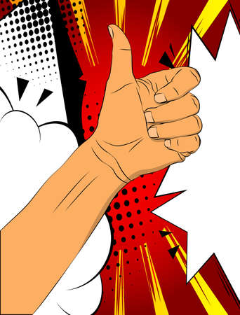 Closeup of  comic book illustrated female hand showing thumbs up sign against colorful background.のイラスト素材