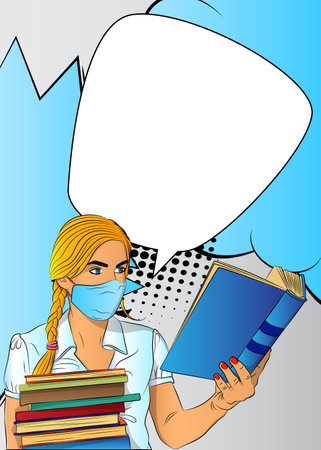 Female student, girl carrying a stack of books and reading, wearing face mask. College University or High School schoolgirl. Comic book style vector illustration education concept.のイラスト素材