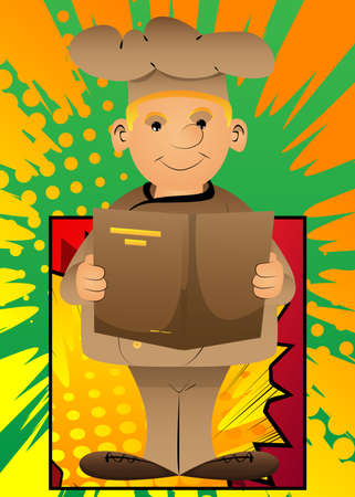 Fat male cartoon chef in uniform reading a book, holding a menu. Vector illustration.のイラスト素材