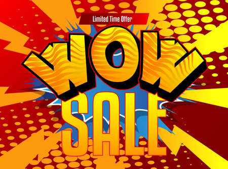 Wow Sale Comic book style advertisement text. Words effect on bright  abstract background. Quote on colorful banner, template. Cartoon vector illustration.のイラスト素材