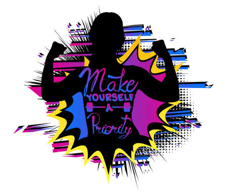 Fitness woman shillouette. Strong sporty girl showing muscles with Make yourself a priority text. Workout gym design element concept. sport motivation quote. Vector sign on comic book background.のイラスト素材