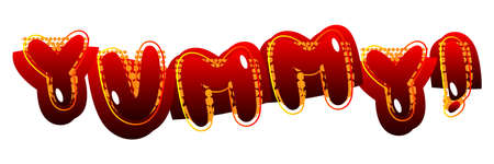 Yummy! Comic book style text. Delicious food and tasty snack, satisfaction experience related word, isolated on white background. Cartoon vector illustration for restaurant, cafe menu and shop.のイラスト素材